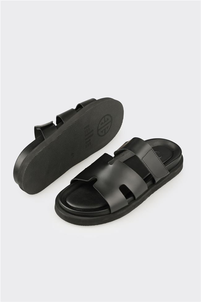 Siyah Deri Erkek Günlük Terlik