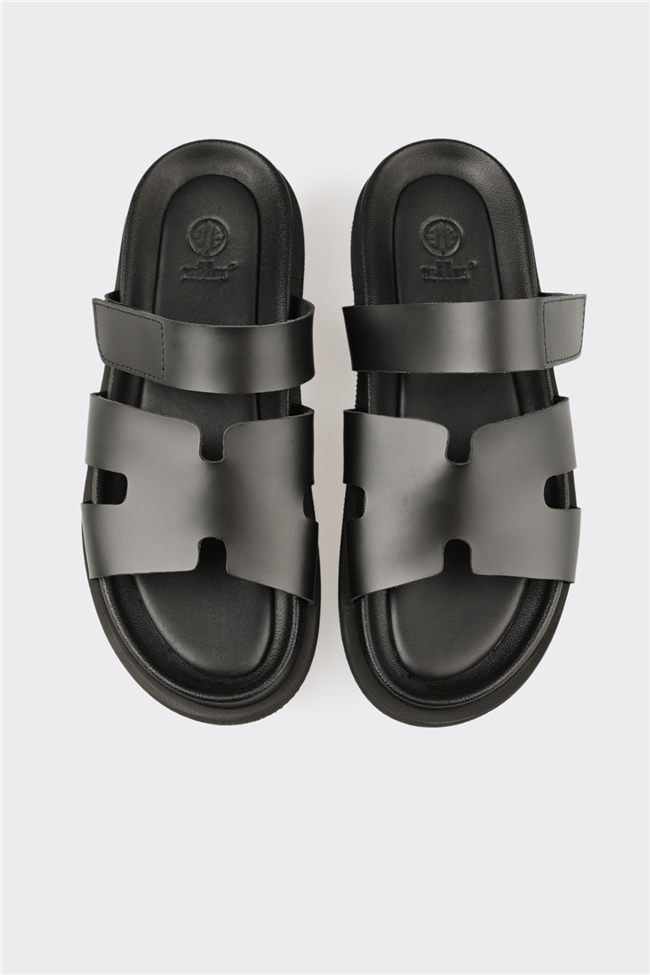 Siyah Deri Erkek Günlük Terlik