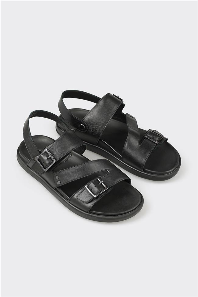 Siyah Deri Erkek Sandalet