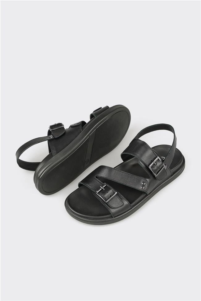 Siyah Deri Erkek Sandalet