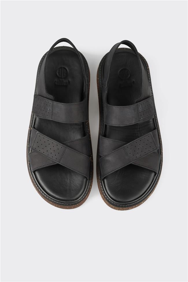 Siyah Deri Erkek Sandalet
