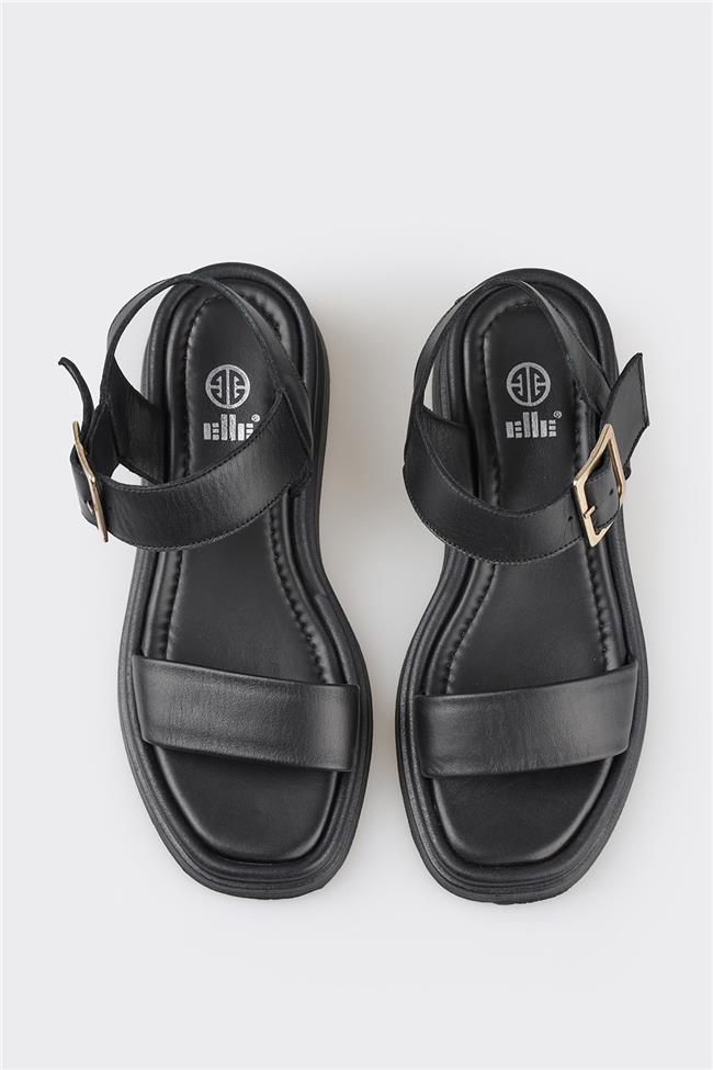Siyah Deri Kadın Dolgu Topuk Sandalet