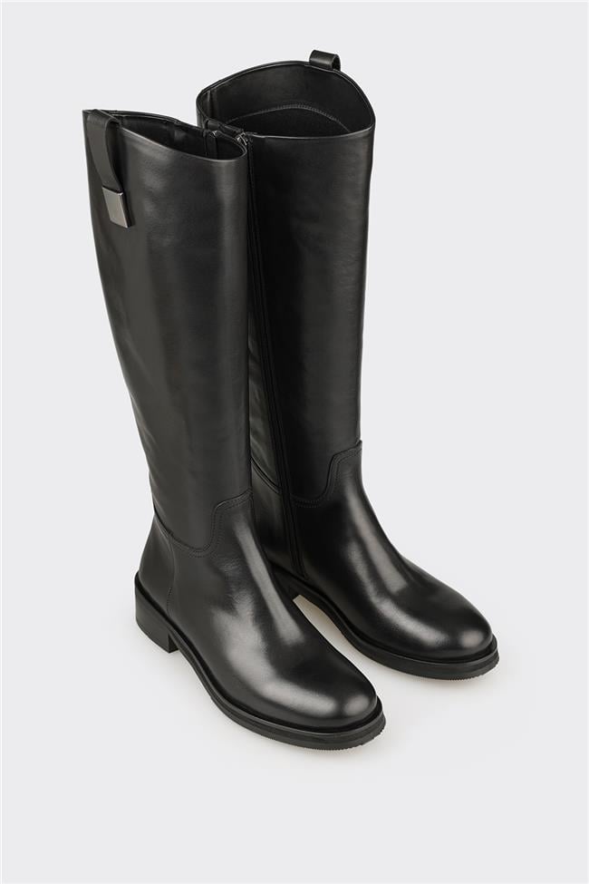 Siyah Deri Kadın Düz Çizme