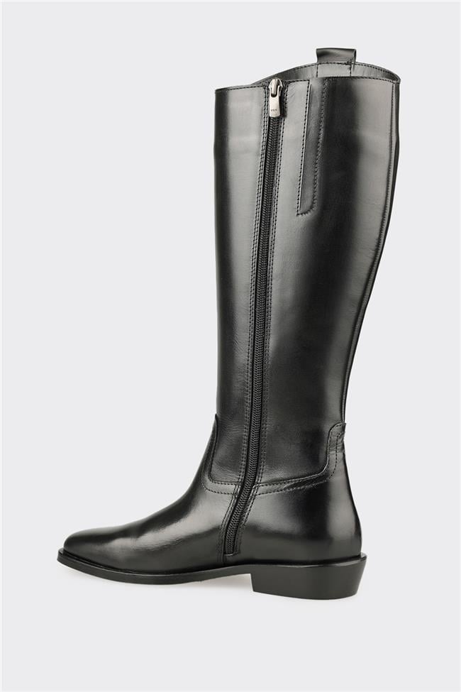 Siyah Deri Kadın Düz Çizme