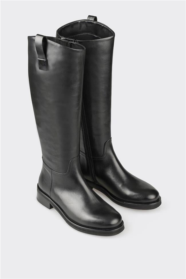 Siyah Deri Kadın Düz Çizme