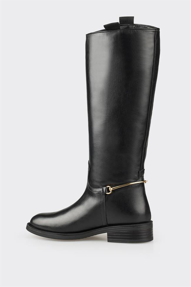 Siyah Deri Kadın Düz Çizme