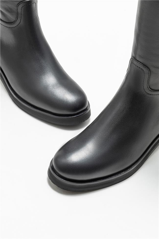 Siyah Deri Kadın Düz Çizme