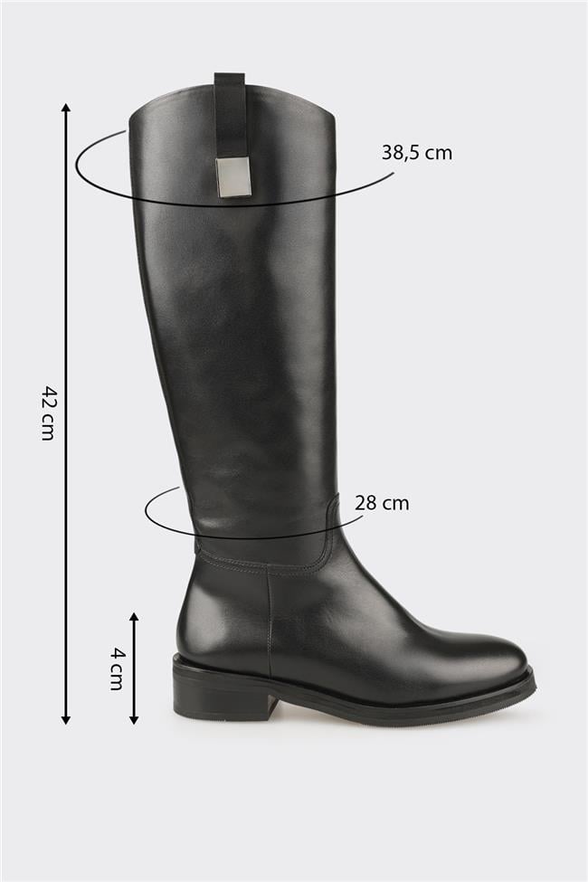 Siyah Deri Kadın Düz Çizme