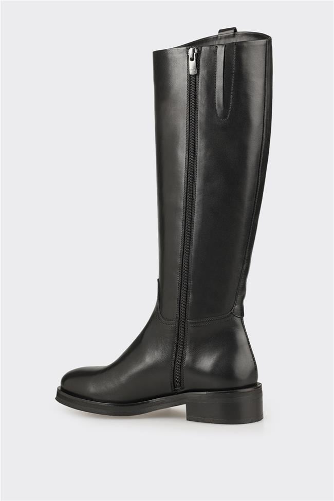 Siyah Deri Kadın Düz Çizme