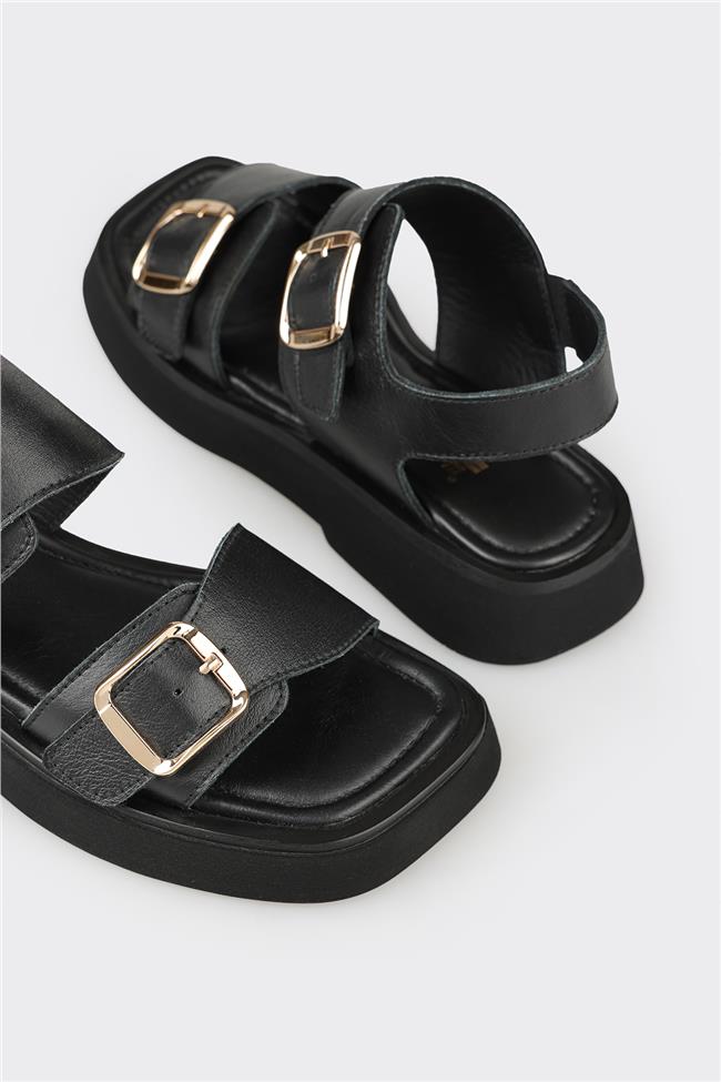 Siyah Deri Kadın Düz Sandalet