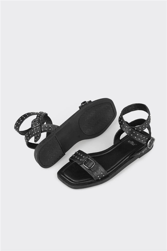 Siyah Deri Kadın Düz Sandalet