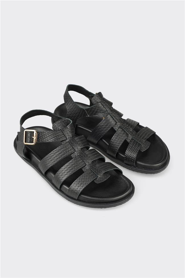 Siyah Deri Kadın Düz Sandalet