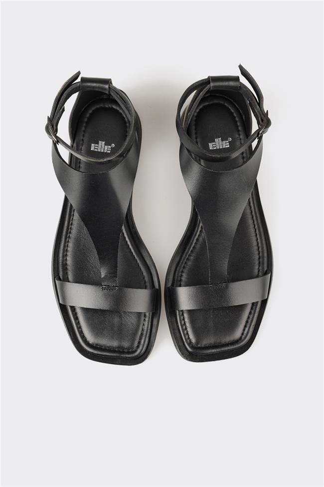 Siyah Deri Kadın Düz Sandalet
