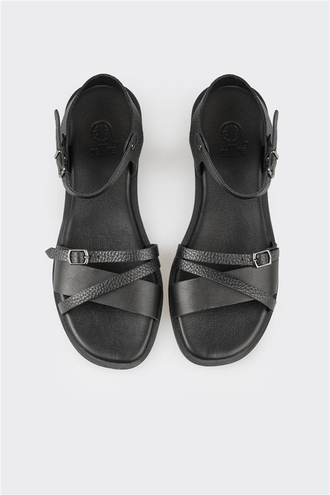 Siyah Deri Kadın Düz Sandalet