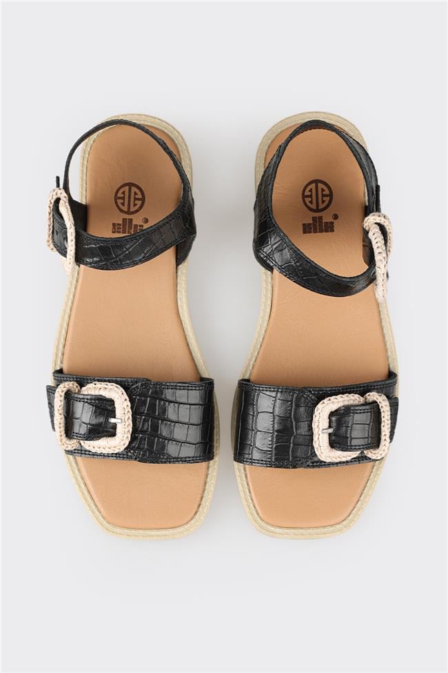 Siyah Deri Kadın Düz Sandalet