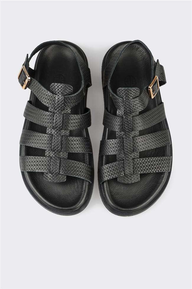 Siyah Deri Kadın Düz Sandalet