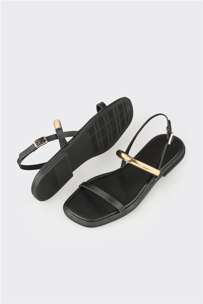 Siyah Deri Kadın Düz Sandalet