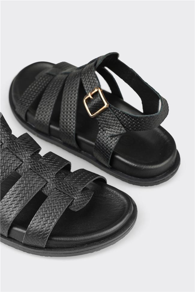 Siyah Deri Kadın Düz Sandalet