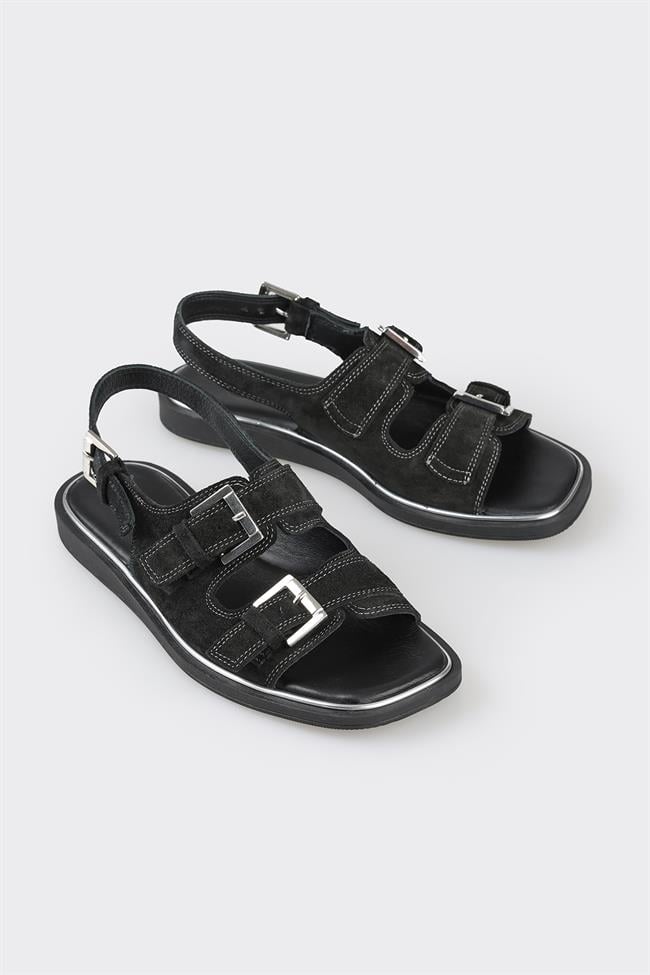 Siyah Deri Kadın Düz Sandalet