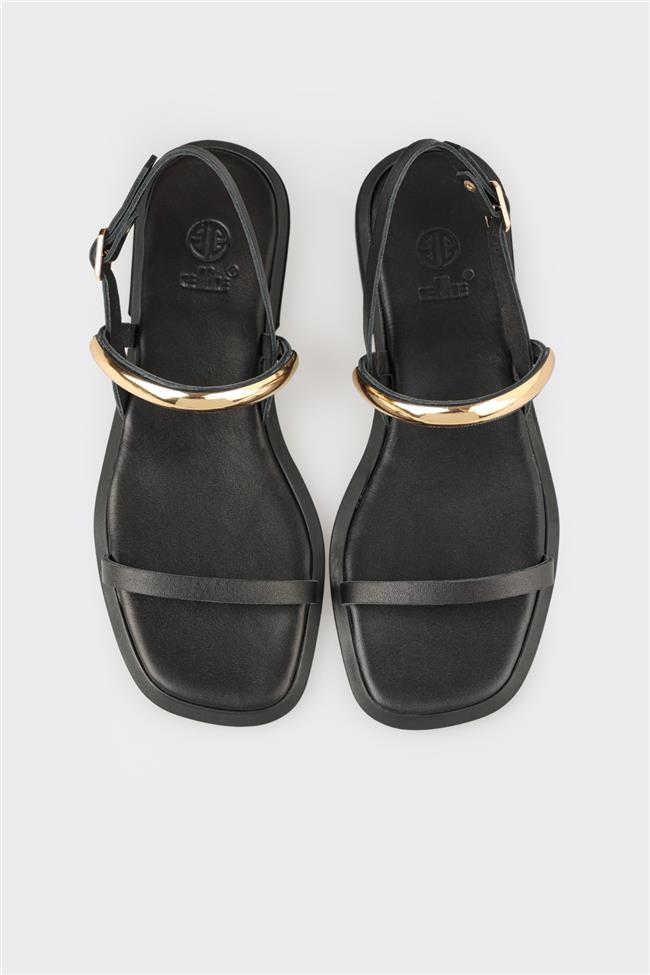 Siyah Deri Kadın Düz Sandalet