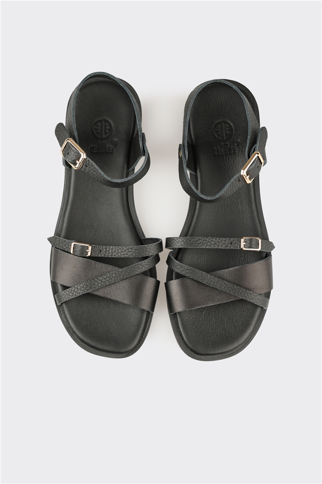 Siyah Deri Kadın Düz Sandalet