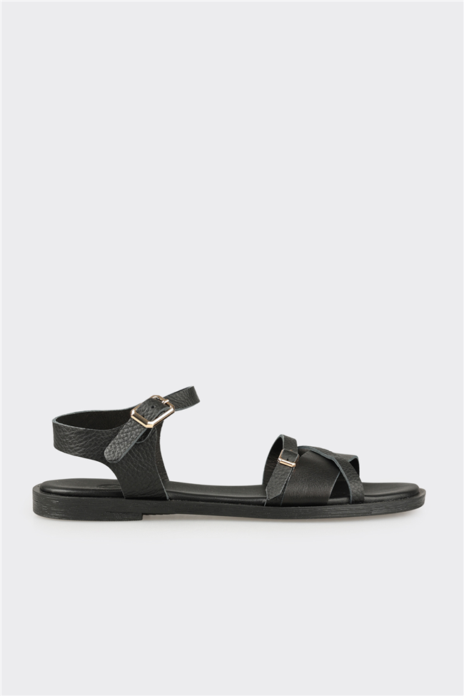 Siyah Deri Kadın Düz Sandalet