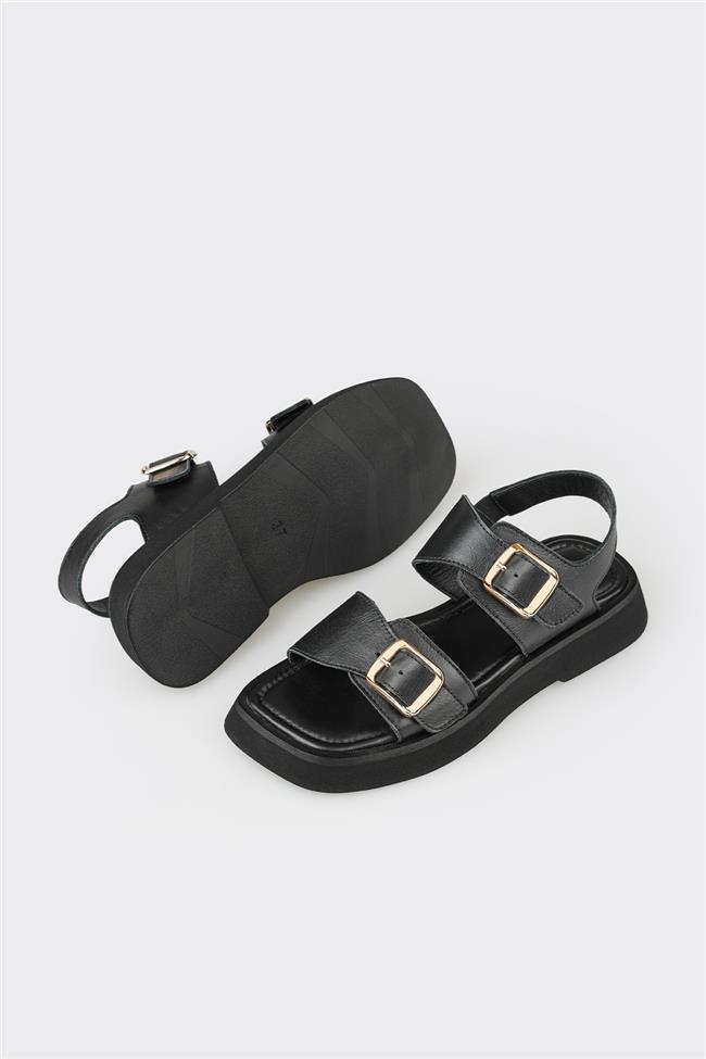 Siyah Deri Kadın Düz Sandalet
