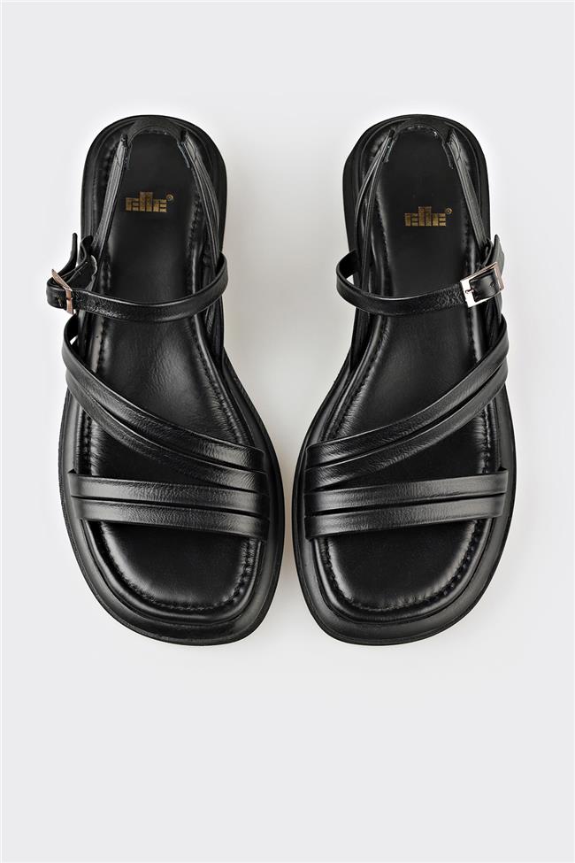 Siyah Deri Kadın Düz Sandalet