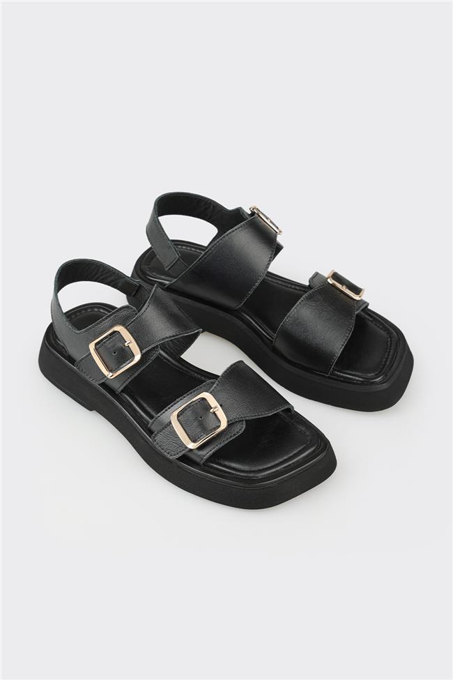 Siyah Deri Kadın Düz Sandalet