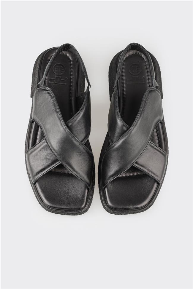 Siyah Deri Kadın Düz Sandalet