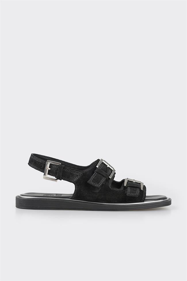 Siyah Deri Kadın Düz Sandalet