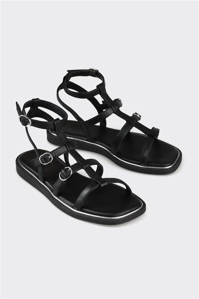 Siyah Deri Kadın Düz Sandalet