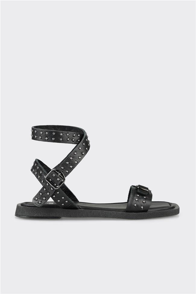 Siyah Deri Kadın Düz Sandalet