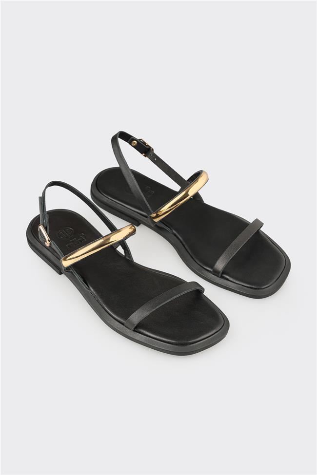 Siyah Deri Kadın Düz Sandalet