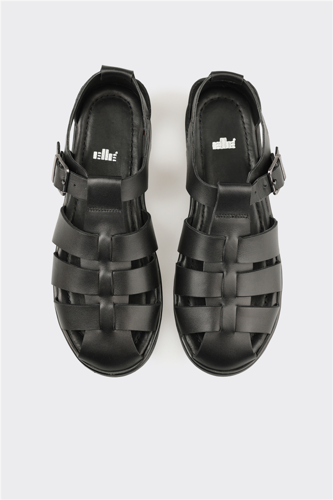 Siyah Deri Kadın Düz Sandalet