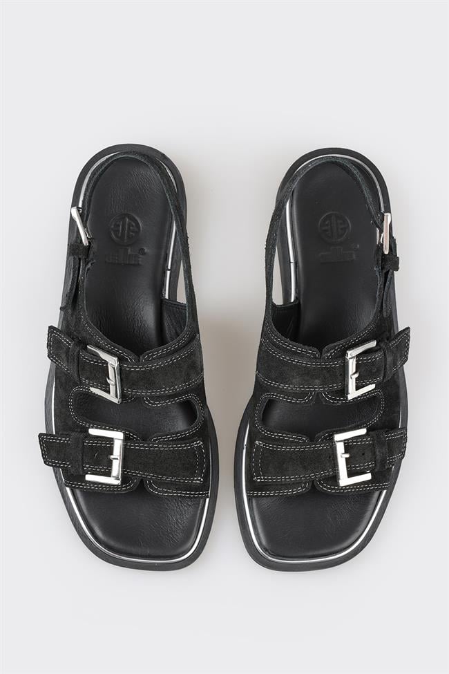 Siyah Deri Kadın Düz Sandalet