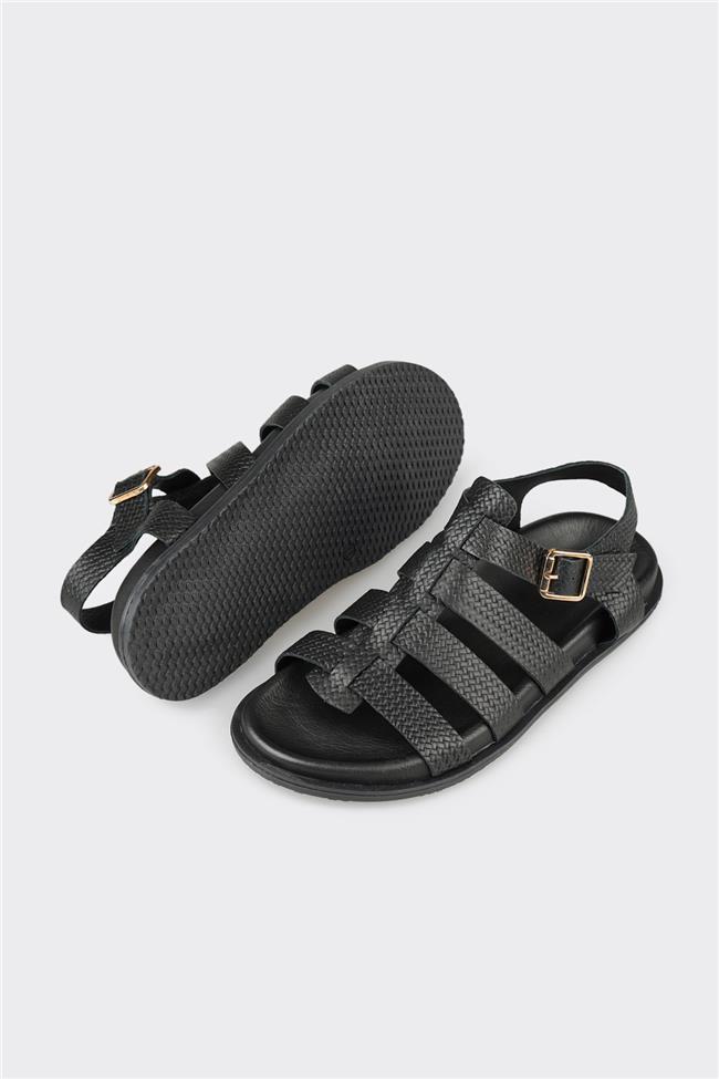 Siyah Deri Kadın Düz Sandalet