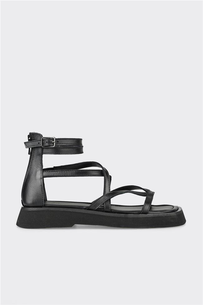 Siyah Deri Kadın Düz Sandalet