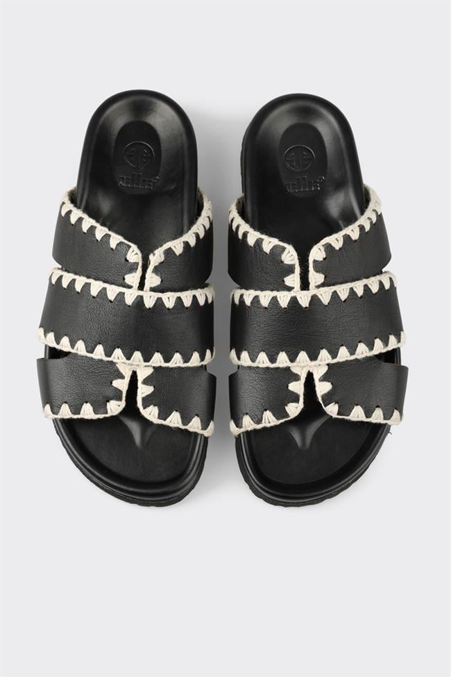 Siyah Deri Kadın Düz Terlik