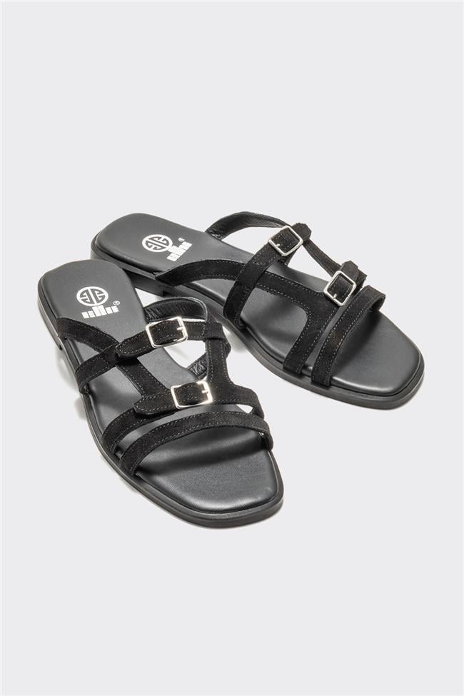 Siyah Deri Kadın Düz Terlik