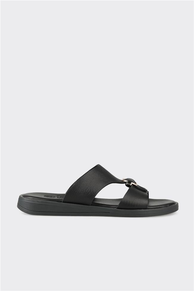 Siyah Deri Kadın Düz Terlik