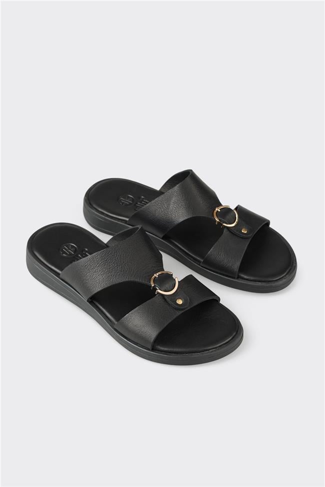 Siyah Deri Kadın Düz Terlik