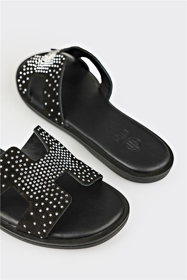 Siyah Deri Kadın Düz Terlik