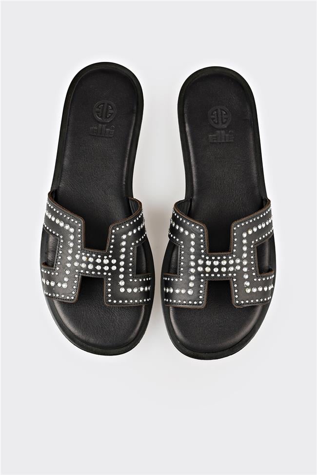 Siyah Deri Kadın Düz Terlik