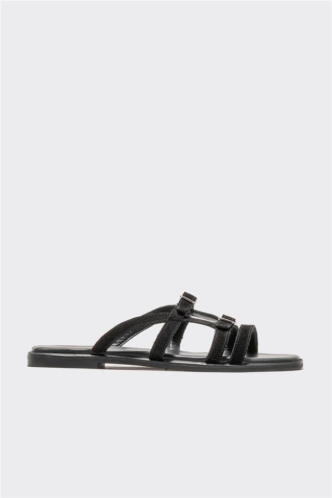 Siyah Deri Kadın Düz Terlik