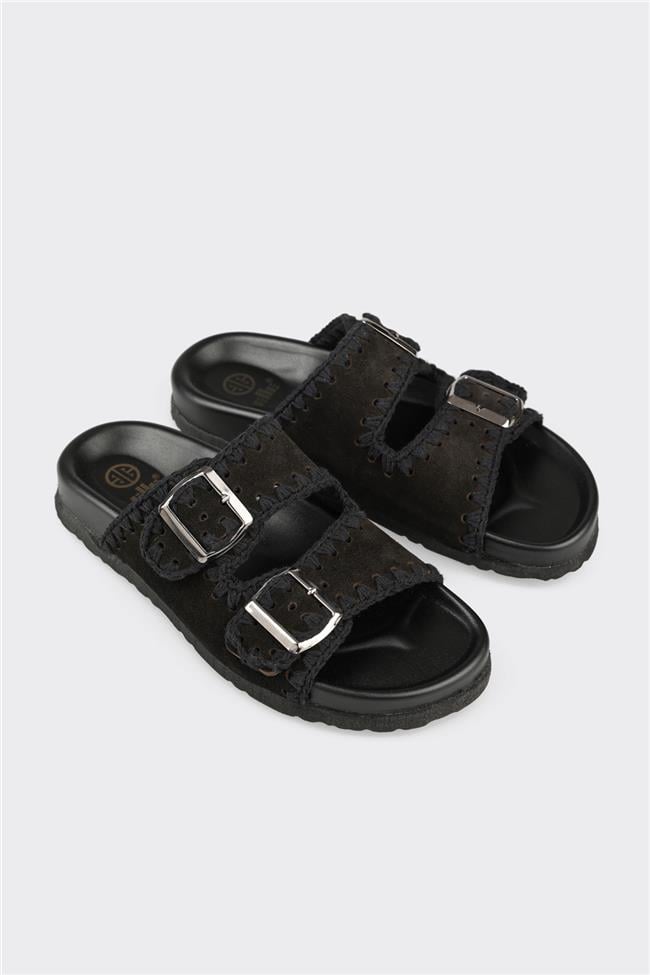 Siyah Deri Kadın Düz Terlik