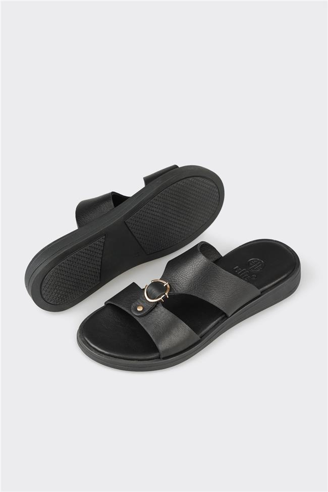 Siyah Deri Kadın Düz Terlik