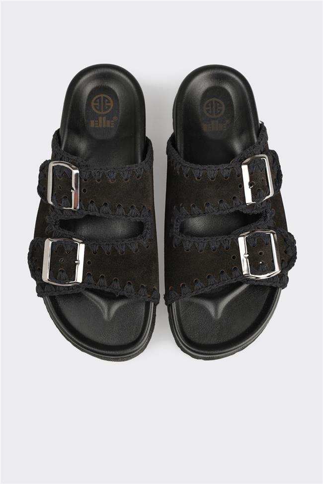 Siyah Deri Kadın Düz Terlik