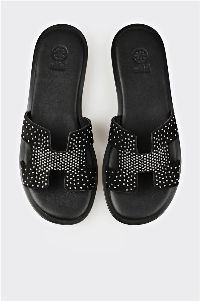 Siyah Deri Kadın Düz Terlik