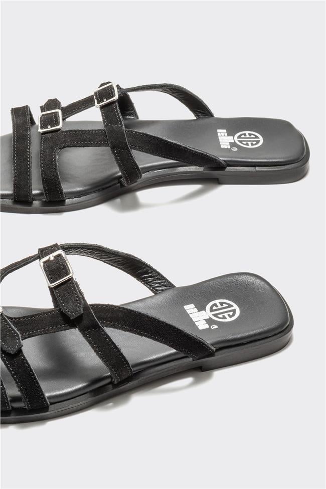 Siyah Deri Kadın Düz Terlik